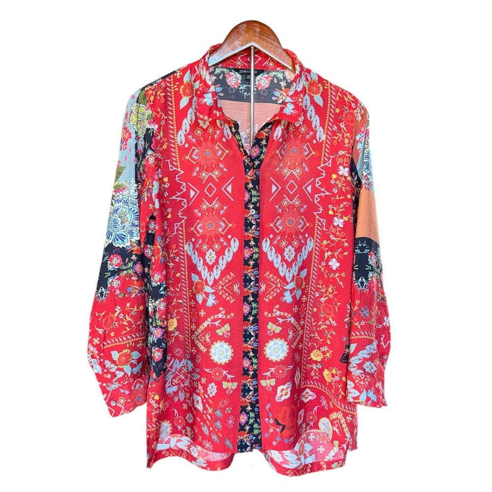 John Mark Button Down Top Electic Red Mixed-Print… - image 1
